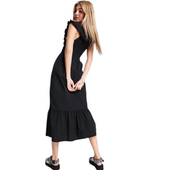 Topshop Oversized Collar Shirred Midi Dress in Black, size 6 - Picture 7 of 7